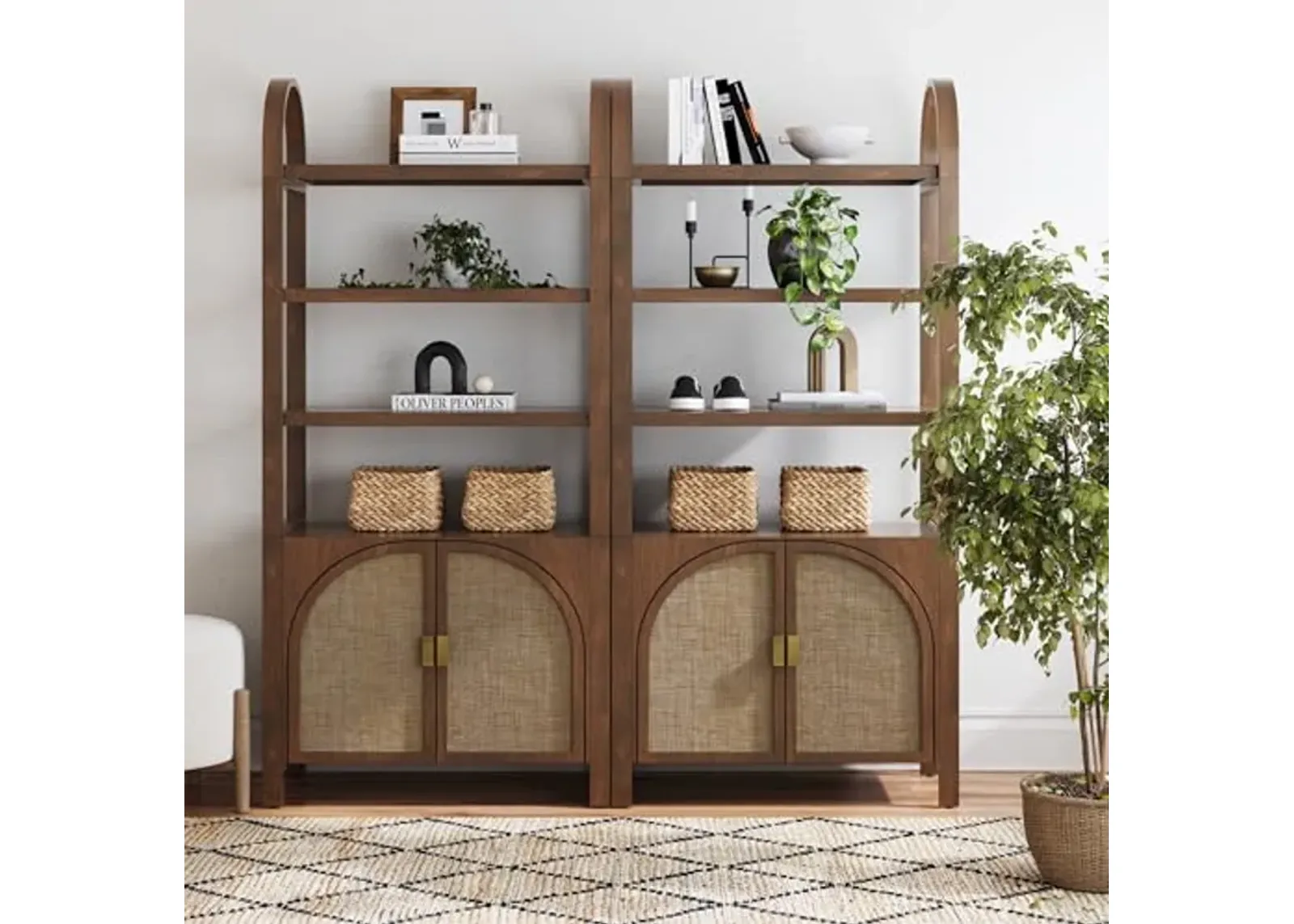 Nathan James Paxton Boho Bookshelf Cabinet with Solid Wood Frame Rattan Bookshelf with Cabinet Base, Arched Bookcase Cabinet for Living Room or Home Office, Dark Acacia, Set of 2