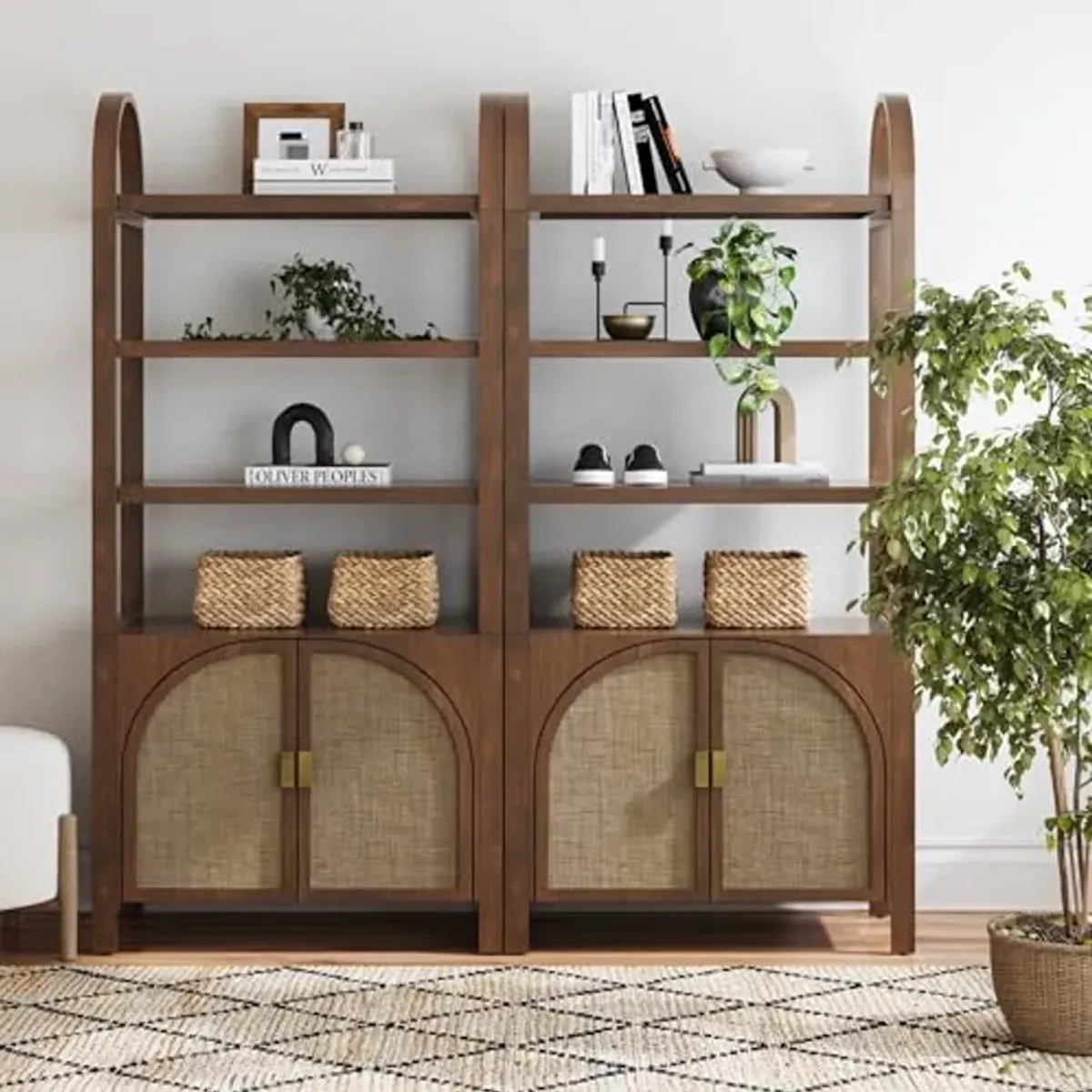 Nathan James Paxton Boho Bookshelf Cabinet with Solid Wood Frame Rattan Bookshelf with Cabinet Base, Arched Bookcase Cabinet for Living Room or Home Office, Dark Acacia, Set of 2