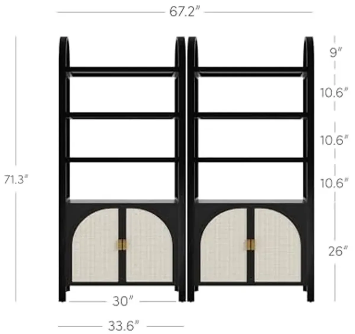 Nathan James Paxton Boho Bookshelf Cabinet with Solid Wood Frame Rattan Bookshelf with Cabinet Base, Arched Bookcase Cabinet for Living Room or Home Office, Black Oak, Set of 2