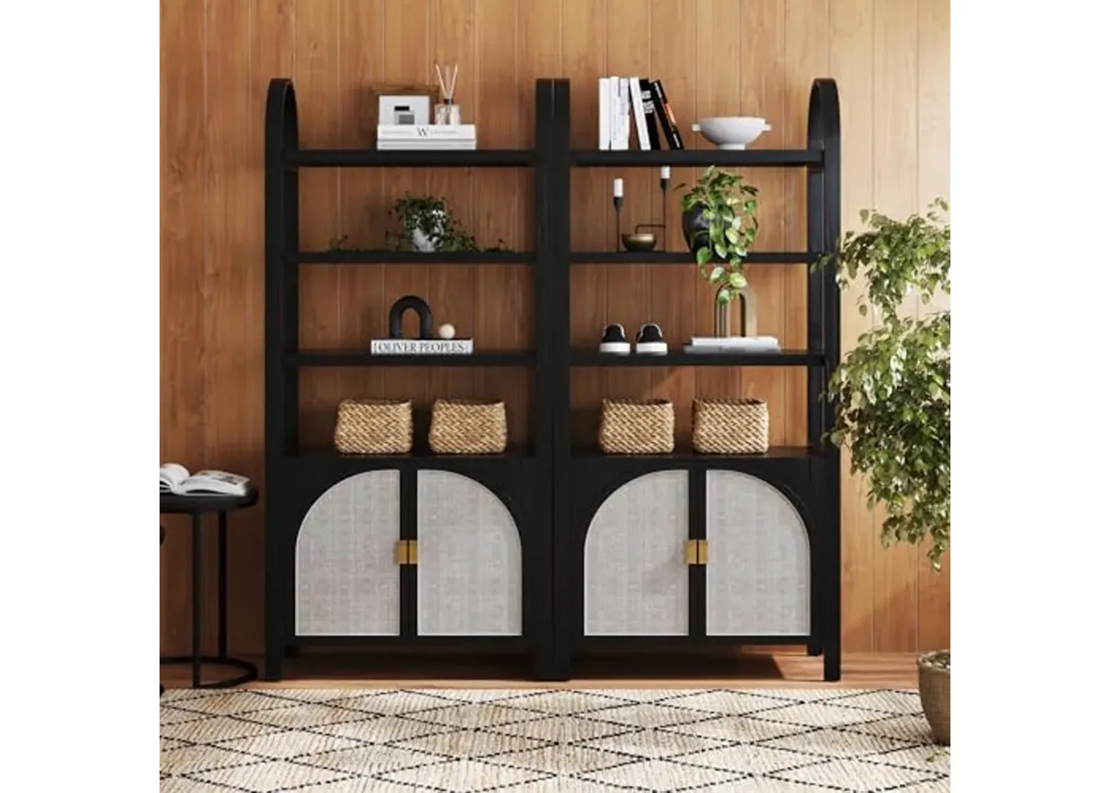 Nathan James Paxton Boho Bookshelf Cabinet with Solid Wood Frame Rattan Bookshelf with Cabinet Base, Arched Bookcase Cabinet for Living Room or Home Office, Black Oak, Set of 2