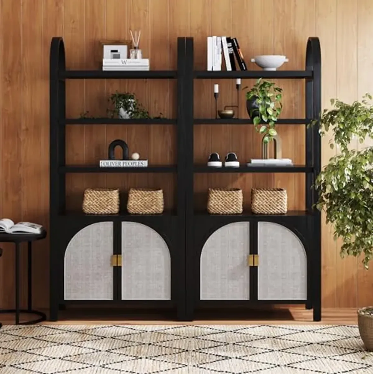 Nathan James Paxton Boho Bookshelf Cabinet with Solid Wood Frame Rattan Bookshelf with Cabinet Base, Arched Bookcase Cabinet for Living Room or Home Office, Black Oak, Set of 2