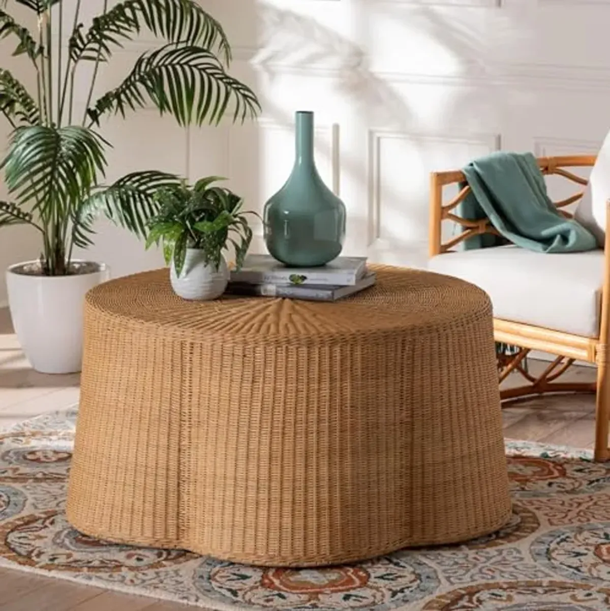 bali & pari Palm Bohemian Honey Scallop Rattan Coffee Table