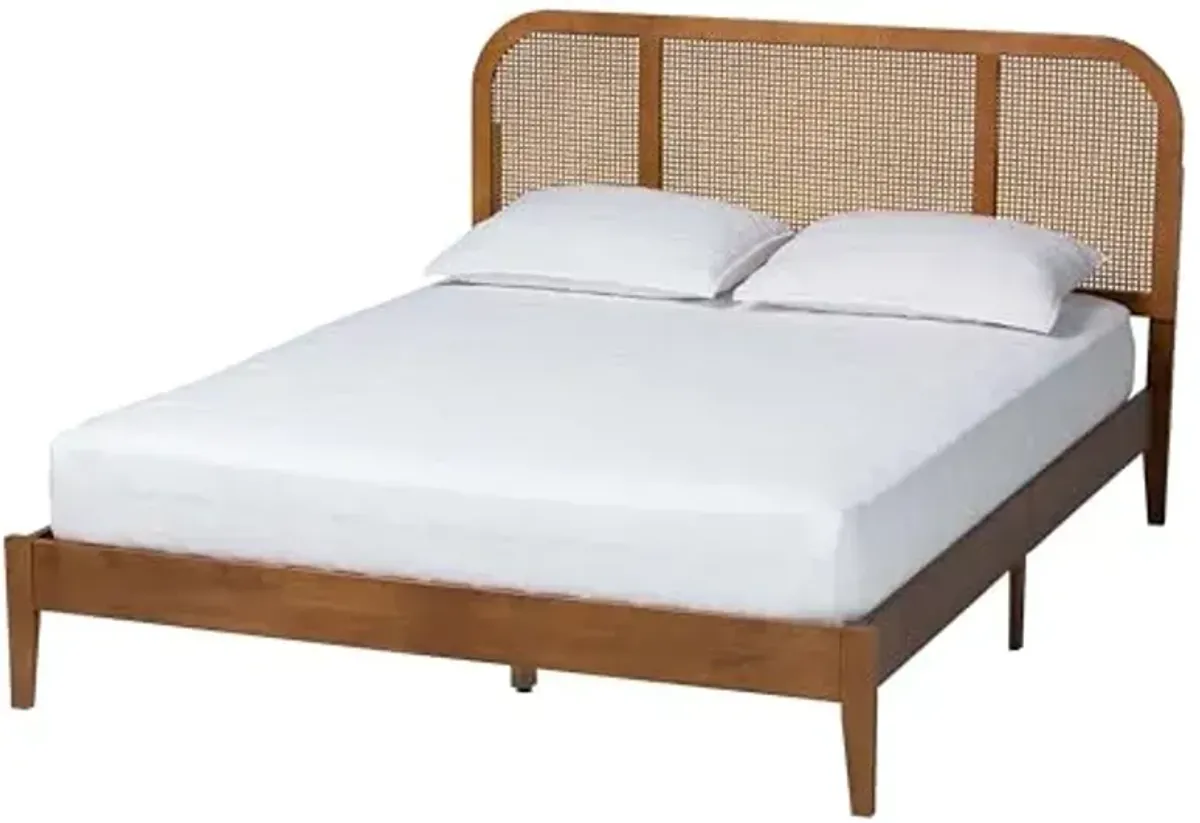 Baxton Studio Fleur Mid-Century Woven Rattan Wood Queen Size Bed