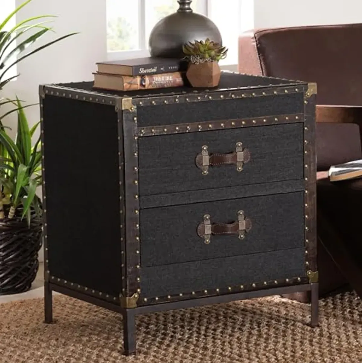 Baxton Studio Laura Vintage Black Canvas 2-Drawer End Table Trunk