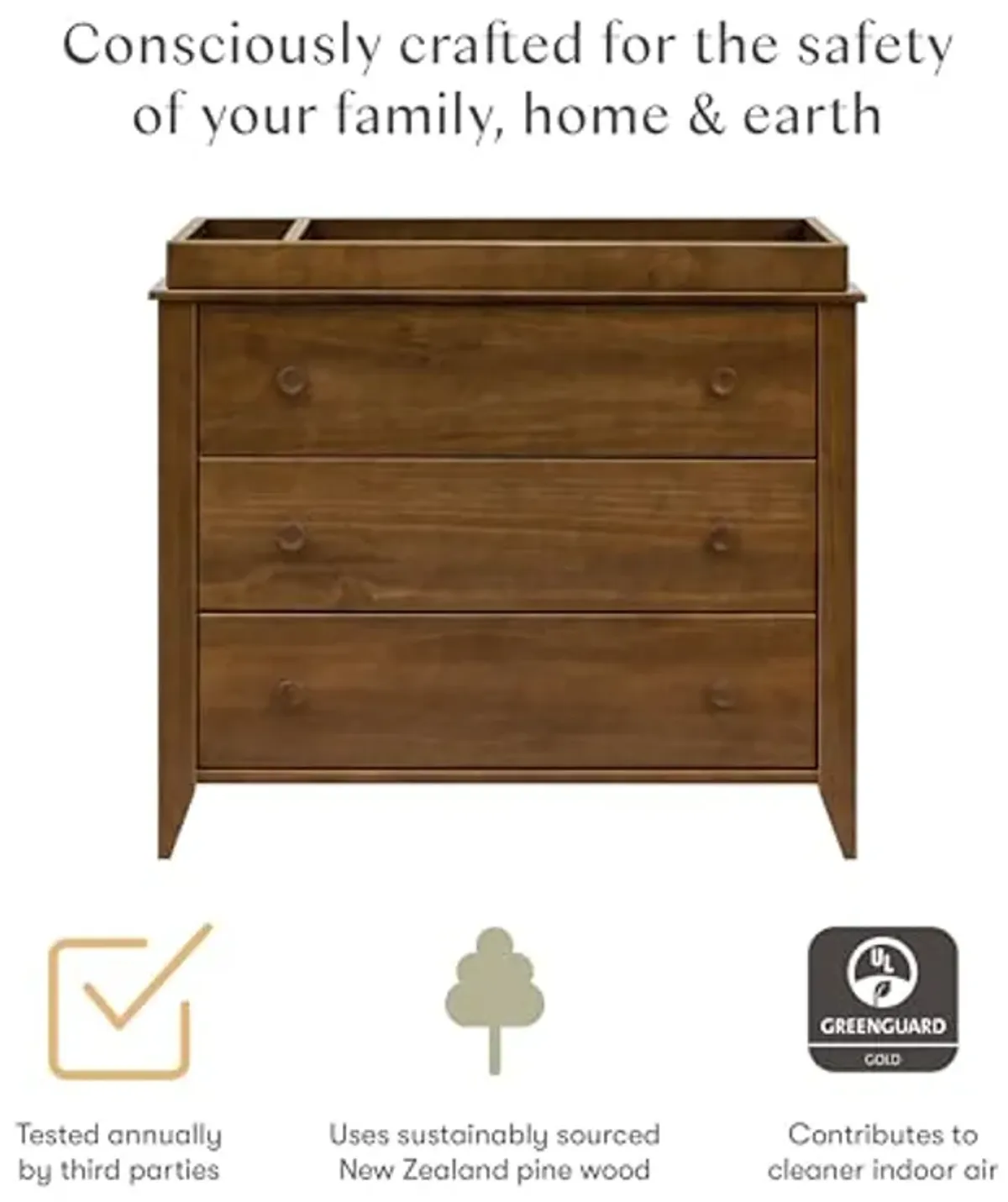 Babyletto Sprout 3-Drawer Changer Dresser with Removable Changing Tray in Natural Walnut, Greenguard Gold Certified