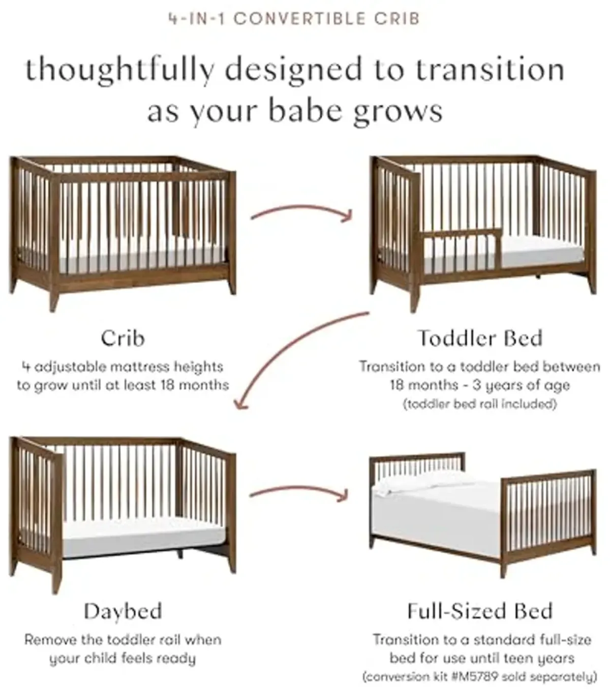 Babyletto Sprout 4-in-1 Convertible Crib with Toddler Bed Conversion Kit in Natural Walnut, Greenguard Gold Certified