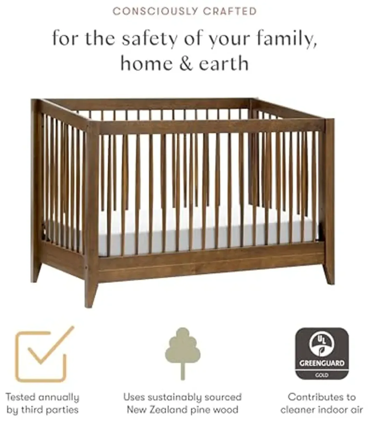 Babyletto Sprout 4-in-1 Convertible Crib with Toddler Bed Conversion Kit in Natural Walnut, Greenguard Gold Certified