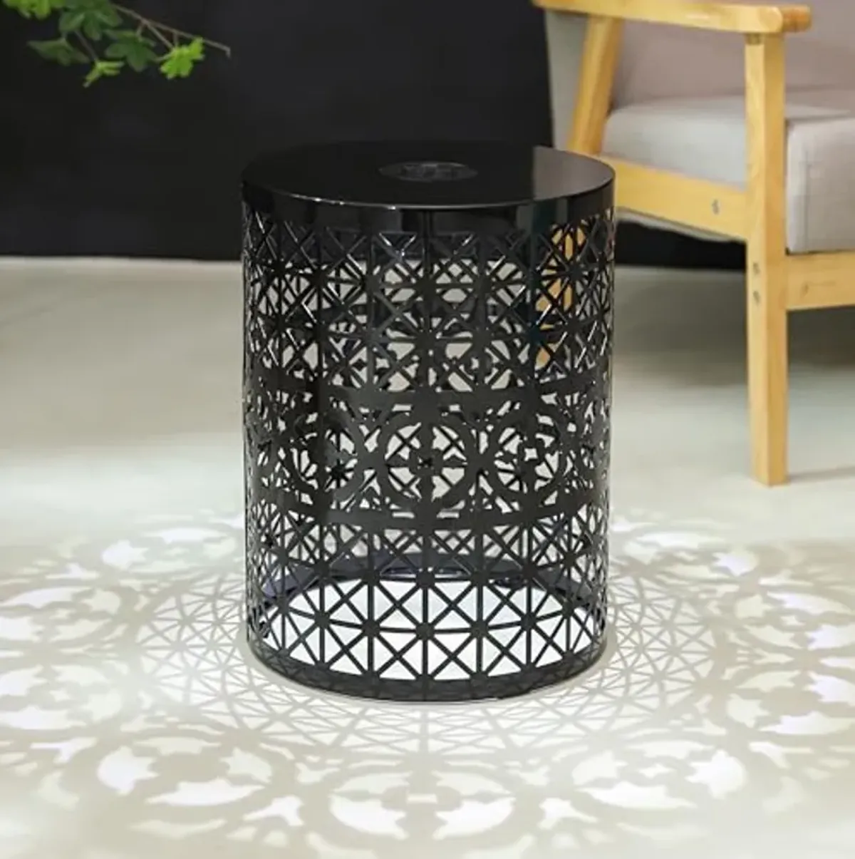 Christopher Knight Home Outdoor Side Table with Solar Powered Light,Lace Cut Iron Side Table,Round Patio Garden Stool,Metal Decorative Garden Stool for Patio or Balcony, Black