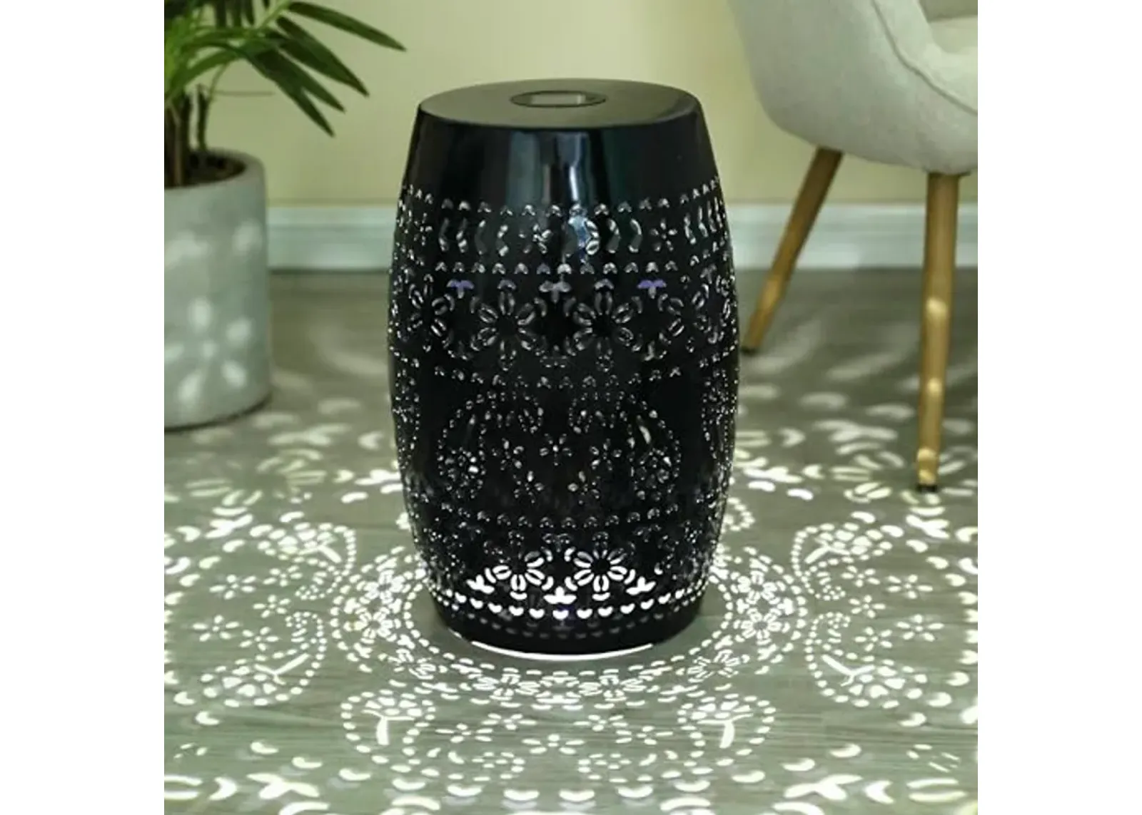 Christopher Knight Home Patio Side Table with Solar Powered Light,Outdoor Metal Side Table,Lace Cut Iron End Table,Patio Garden Stool with Cutout Design for Patio or Balcony, Black