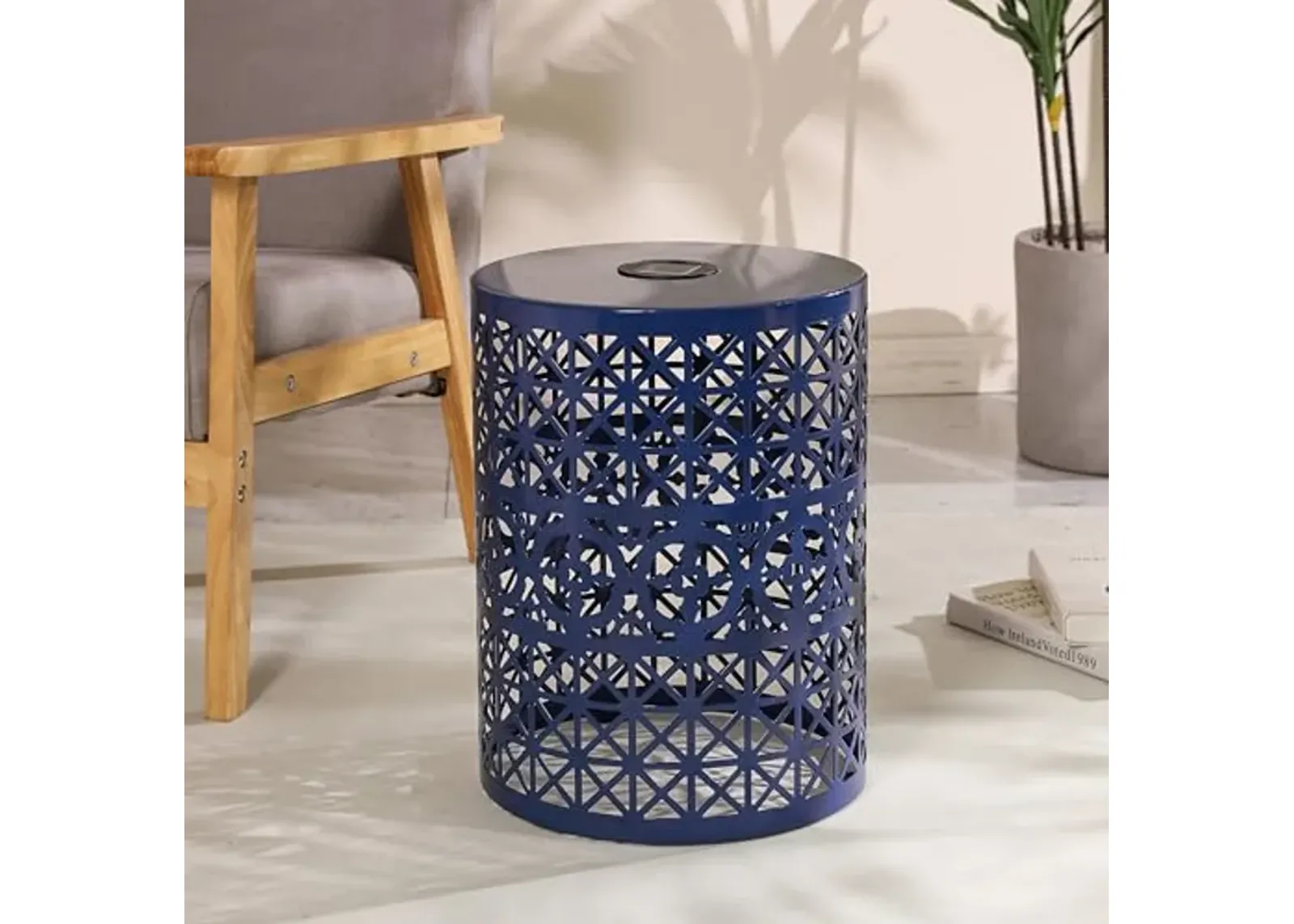 Christopher Knight Home Outdoor Side Table with Solar Powered Light,Lace Cut Iron Side Table,Round Patio Garden Stool,Metal Decorative Garden Stool for Patio or Balcony, Dark Blue