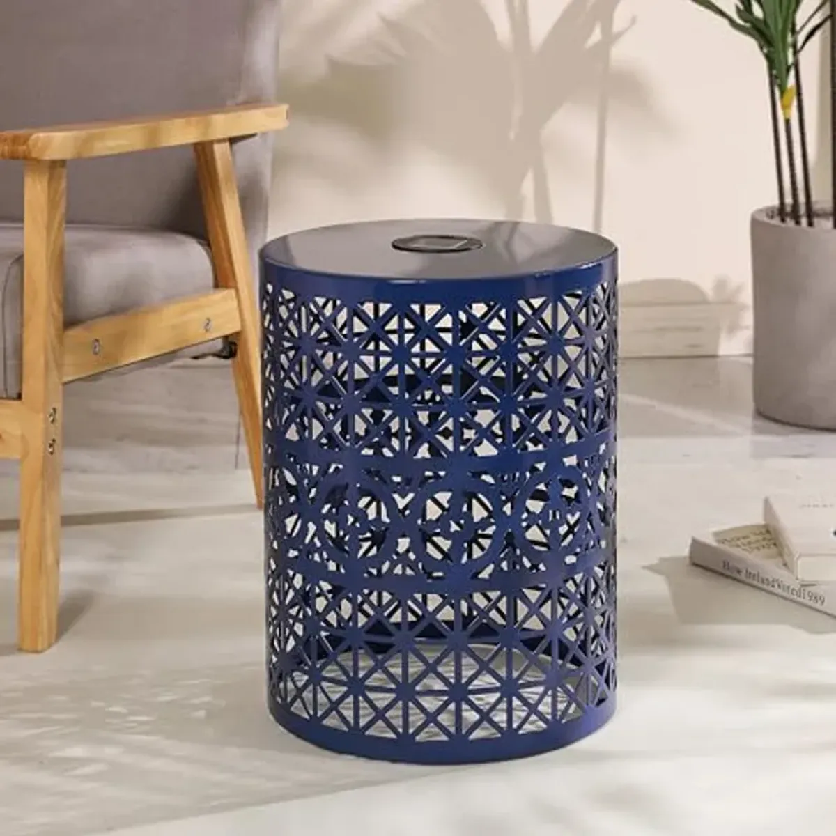 Christopher Knight Home Outdoor Side Table with Solar Powered Light,Lace Cut Iron Side Table,Round Patio Garden Stool,Metal Decorative Garden Stool for Patio or Balcony, Dark Blue