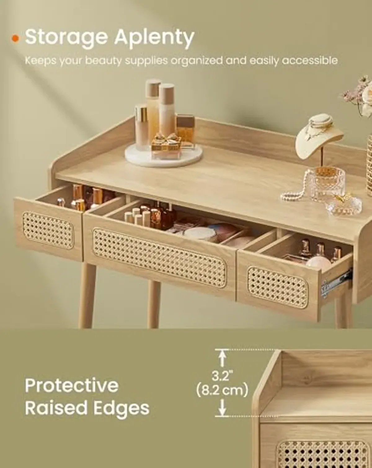 SONGMICS HOME Vanity Table Set, Makeup Stool, Dressing Table with Lighting, Round Stool, Boho Style, for Bedroom, Oak Beige and Cream White URVT107Y02