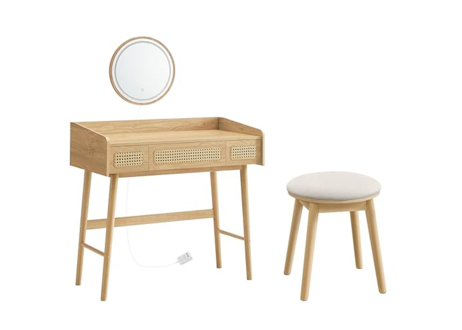 SONGMICS HOME Vanity Table Set, Makeup Stool, Dressing Table with Lighting, Round Stool, Boho Style, for Bedroom, Oak Beige and Cream White URVT107Y02