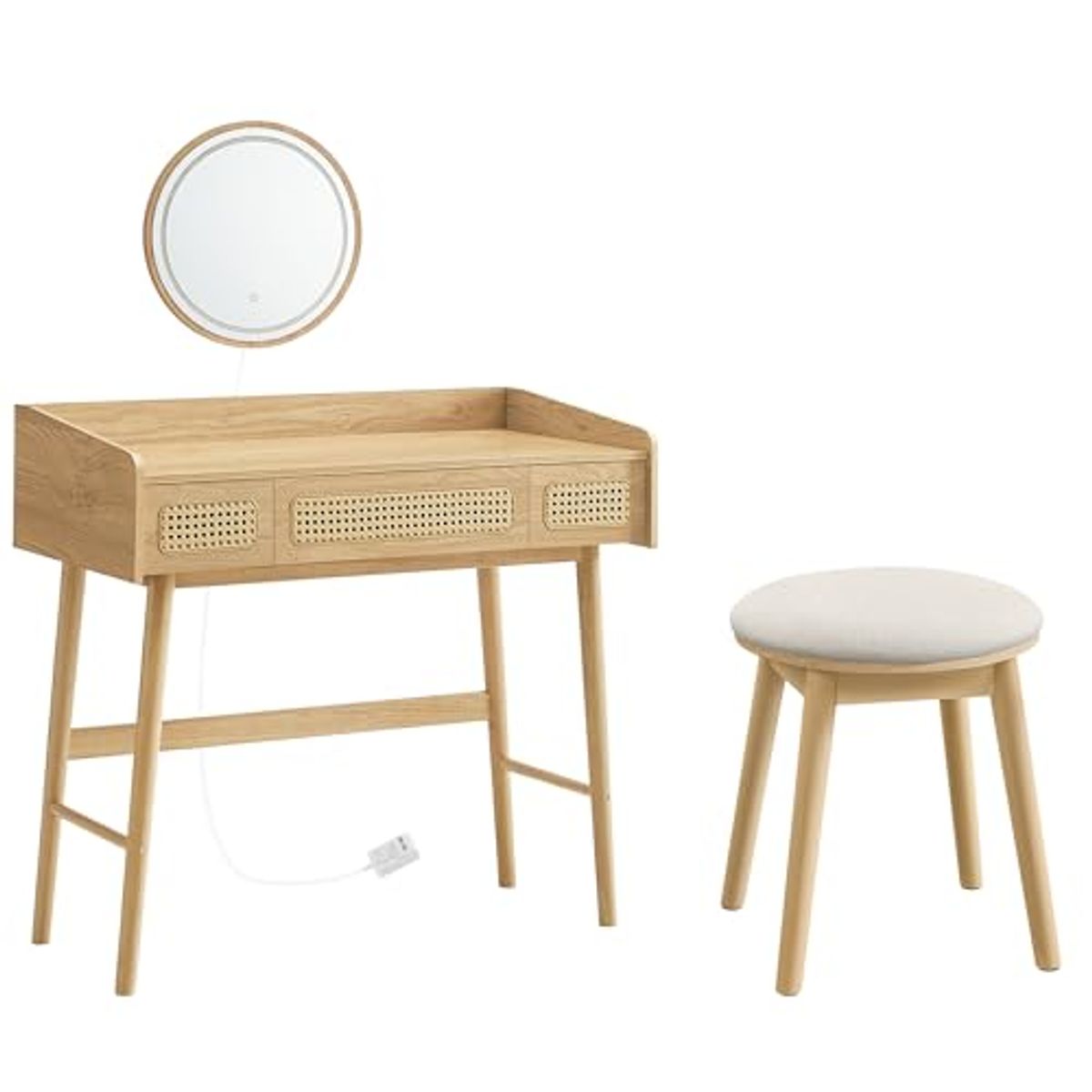 SONGMICS HOME Vanity Table Set, Makeup Stool, Dressing Table with Lighting, Round Stool, Boho Style, for Bedroom, Oak Beige and Cream White URVT107Y02