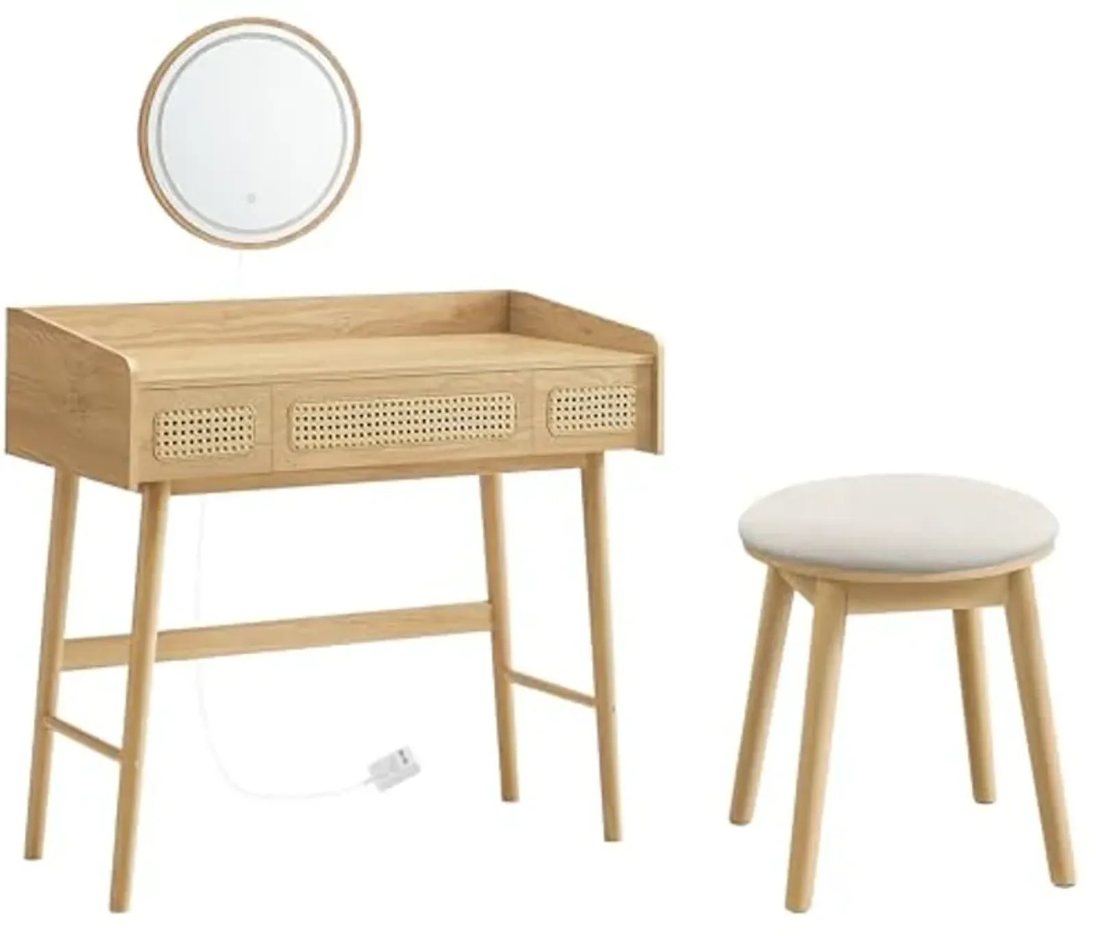 SONGMICS HOME Vanity Table Set, Makeup Stool, Dressing Table with Lighting, Round Stool, Boho Style, for Bedroom, Oak Beige and Cream White URVT107Y02