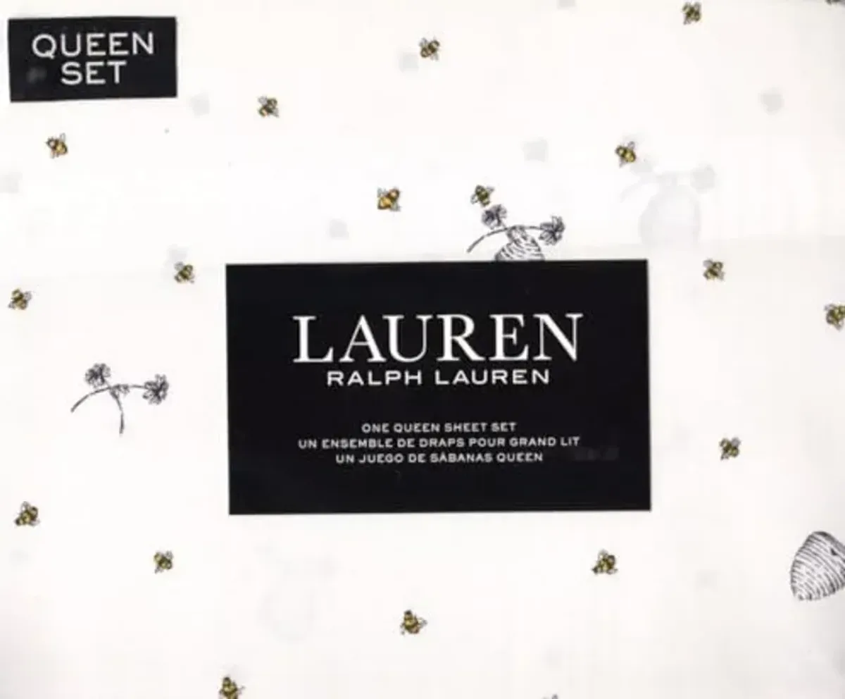 Lauren Ralph Lauren Bee Beehive Sheet Set Black Grey Yellow on White (Queen (U.S. Standard))