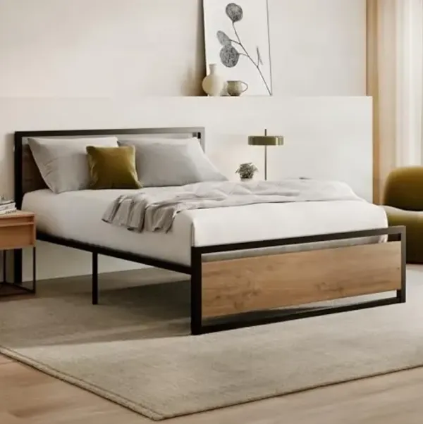Nectar Metal Platform Queen Bed Frame w/Wooden Headboard and Footboard - 14” Height - Modern and Industrial - Sturdy Metal Slats for Support - Easy Assembly - Holds Up to 800 Pounds
