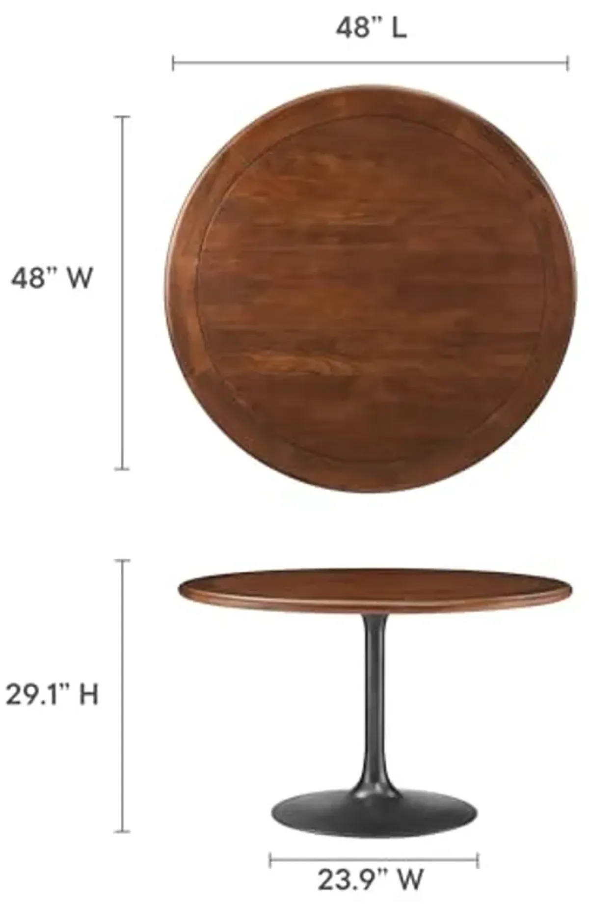 Modway Lippa 48 Inch Round Wood Dining Table with Metal Pedestal in Black Walnut - Modern Industrial Dining Table for 4 People - Solid Wood Tulip Kitchen Table