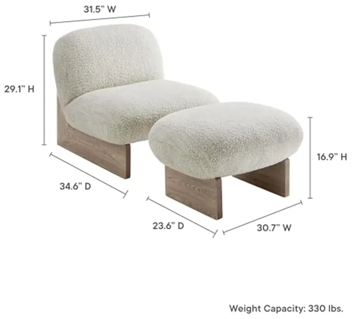 Modway Loyal Boucle Fabric Accent Chair with Ottoman in Pearl Oak - Comfy Modern Armless Lounge Chair with Footrest - Upholstered Round Sofa Chair and Footstool Set for Living Room or Bedroom