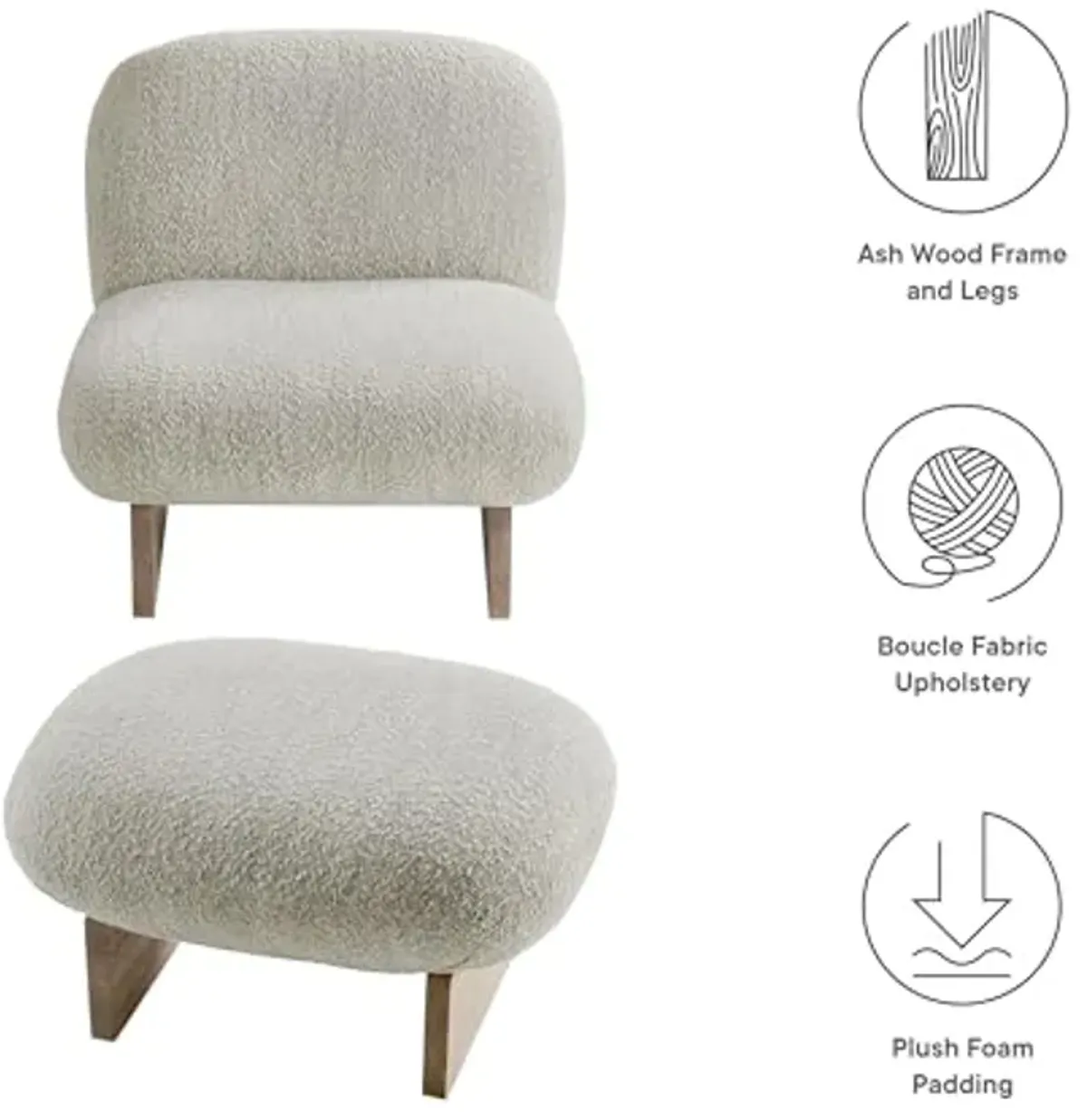 Modway Loyal Boucle Fabric Accent Chair with Ottoman in Pearl Oak - Comfy Modern Armless Lounge Chair with Footrest - Upholstered Round Sofa Chair and Footstool Set for Living Room or Bedroom