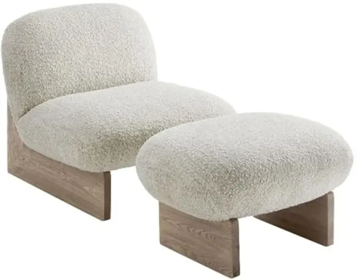 Modway Loyal Boucle Fabric Accent Chair with Ottoman in Pearl Oak - Comfy Modern Armless Lounge Chair with Footrest - Upholstered Round Sofa Chair and Footstool Set for Living Room or Bedroom