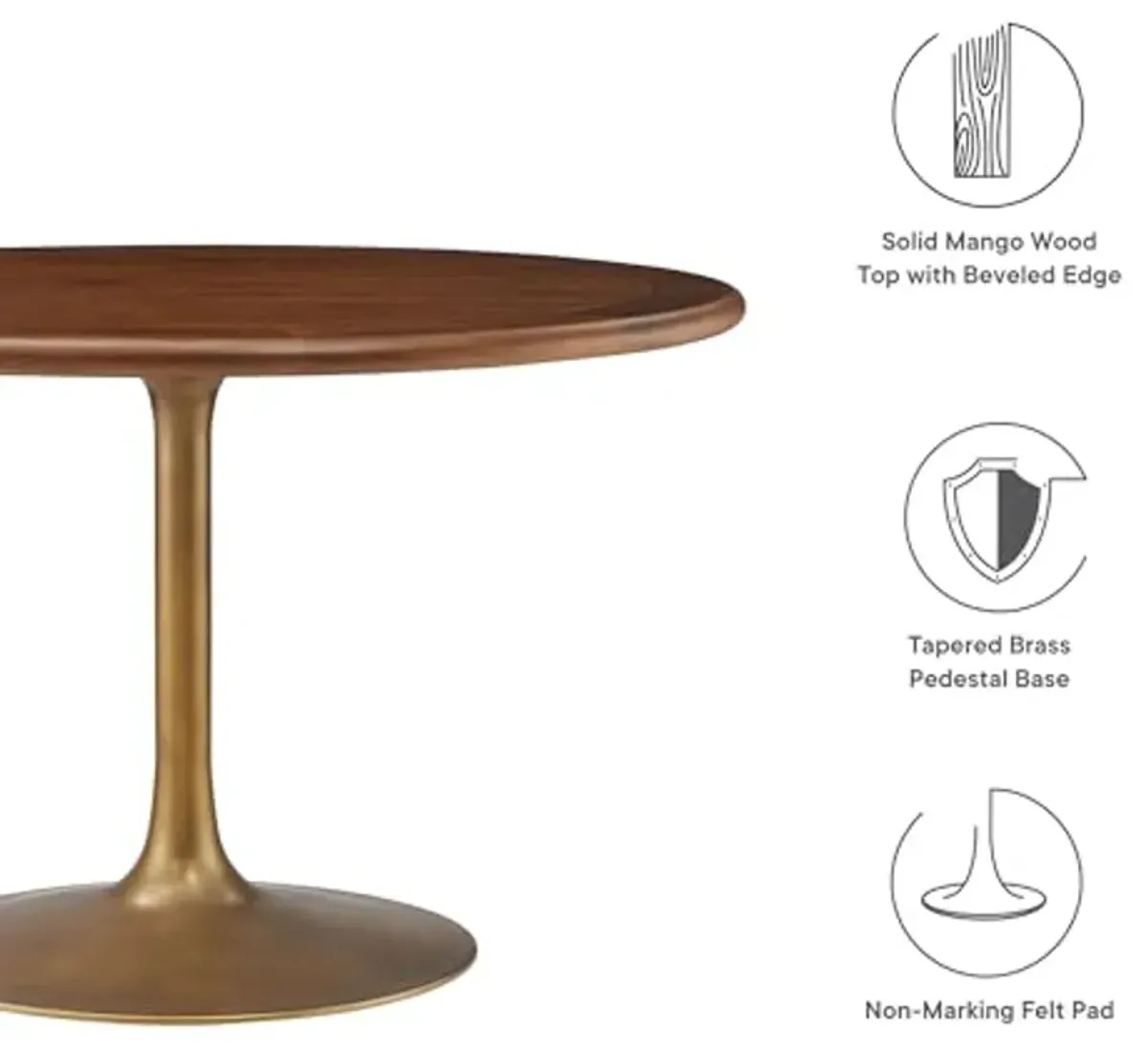 Modway Lippa 48 Inch Round Wood Dining Table with Metal Pedestal in Brass Walnut - Modern Industrial Dining Table for 4 People - Solid Wood Tulip Kitchen Table