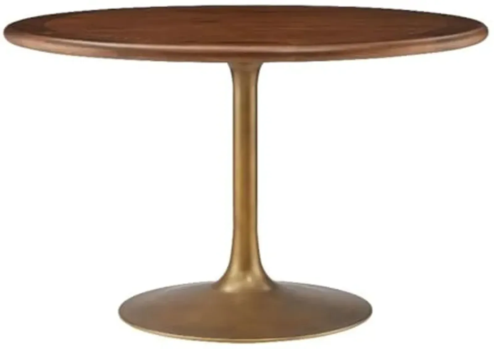 Modway Lippa 48 Inch Round Wood Dining Table with Metal Pedestal in Brass Walnut - Modern Industrial Dining Table for 4 People - Solid Wood Tulip Kitchen Table