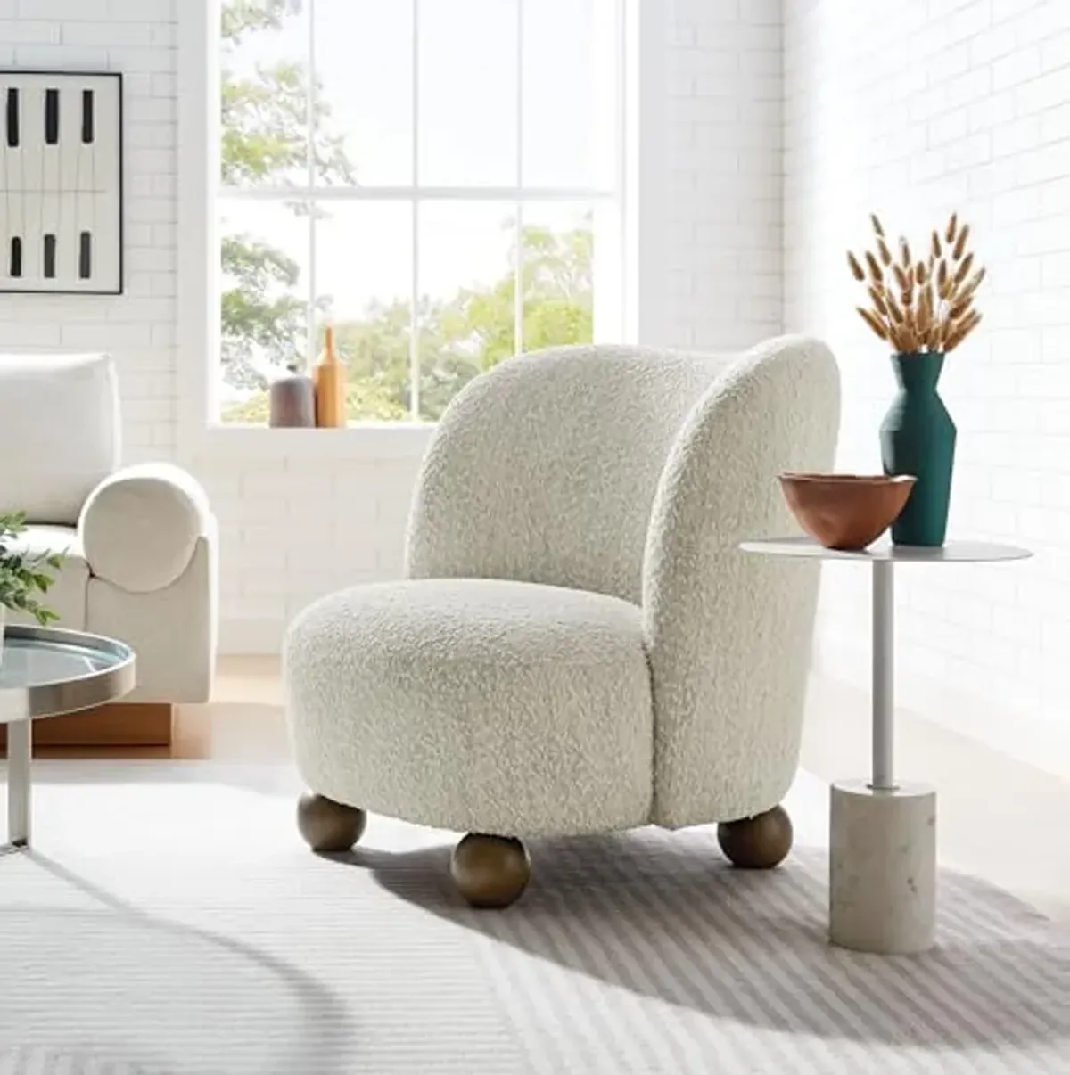 Modway Monroe Boucle Accent Chair in Pearl Walnut - Upholstered Fabric Barrel Chair - Comfy Teddy Chair - Oversized Round Armless Reading Chair for Living Room, Bedroom