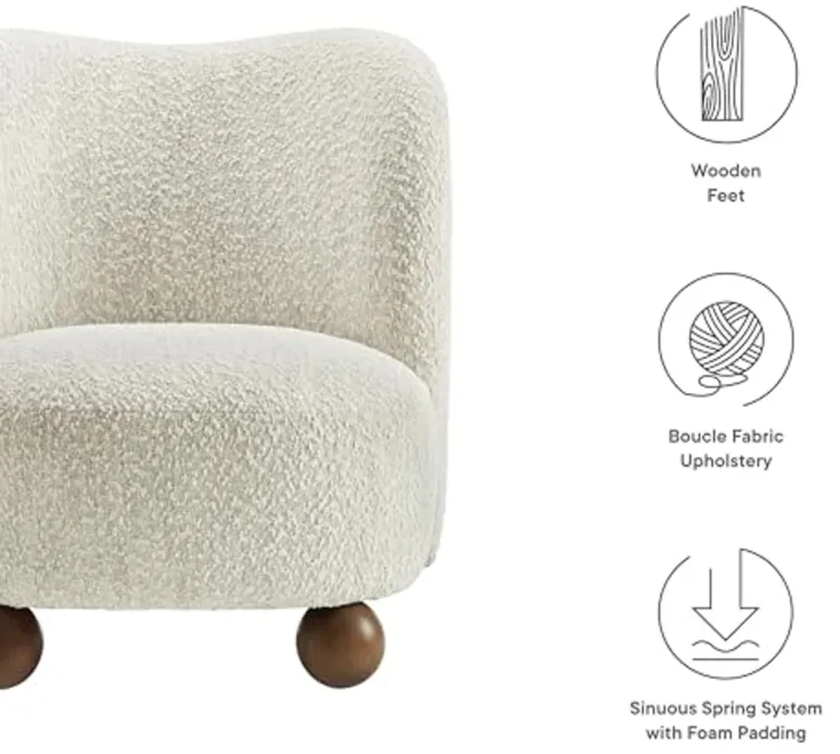 Modway Monroe Boucle Accent Chair in Pearl Walnut - Upholstered Fabric Barrel Chair - Comfy Teddy Chair - Oversized Round Armless Reading Chair for Living Room, Bedroom