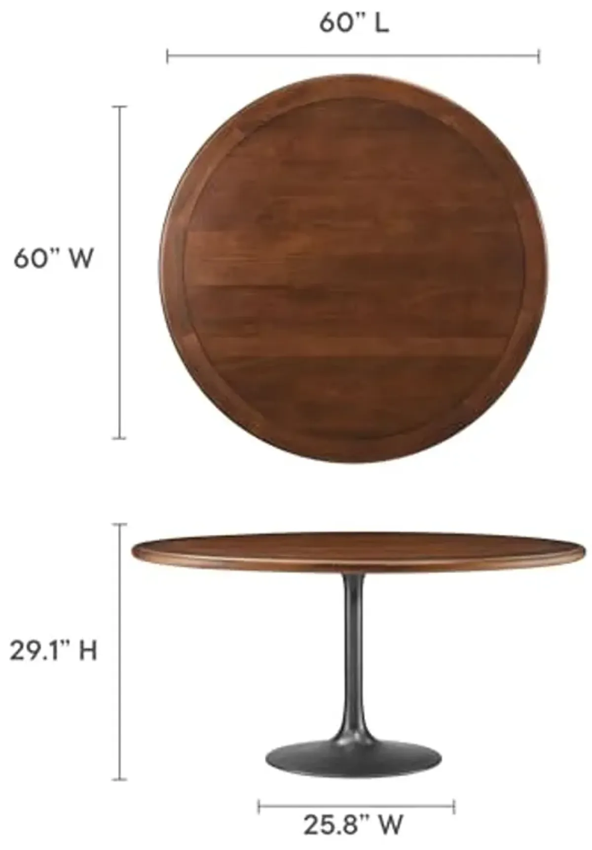 Modway Lippa 60 Inch Round Wood Dining Table with Metal Pedestal in Black Walnut - Modern Industrial Dining Table for 6 People - Solid Wood Tulip Kitchen Table