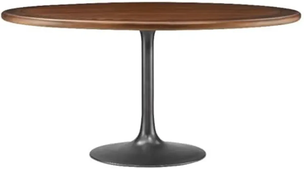 Modway Lippa 60 Inch Round Wood Dining Table with Metal Pedestal in Black Walnut - Modern Industrial Dining Table for 6 People - Solid Wood Tulip Kitchen Table