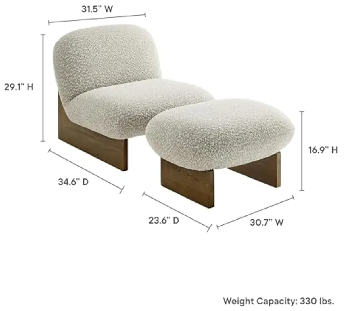 Modway Loyal Boucle Fabric Accent Chair with Ottoman in River Rock Walnut - Comfy Modern Armless Lounge Chair with Footrest - Upholstered Round Sofa Chair and Footstool Set for Living Room or Bedroom