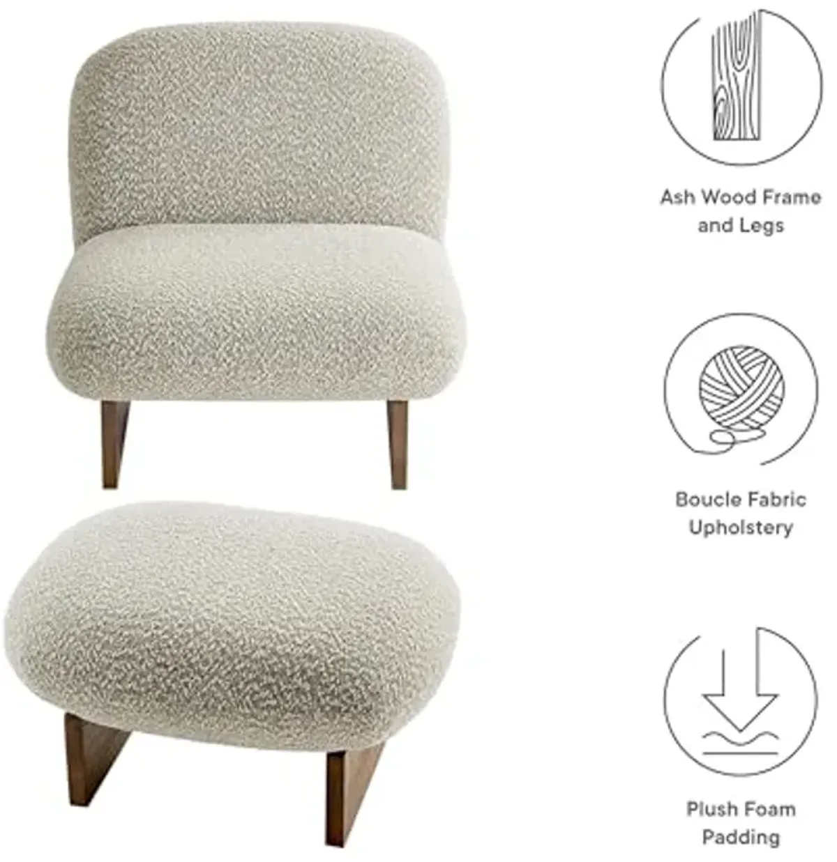 Modway Loyal Boucle Fabric Accent Chair with Ottoman in River Rock Walnut - Comfy Modern Armless Lounge Chair with Footrest - Upholstered Round Sofa Chair and Footstool Set for Living Room or Bedroom