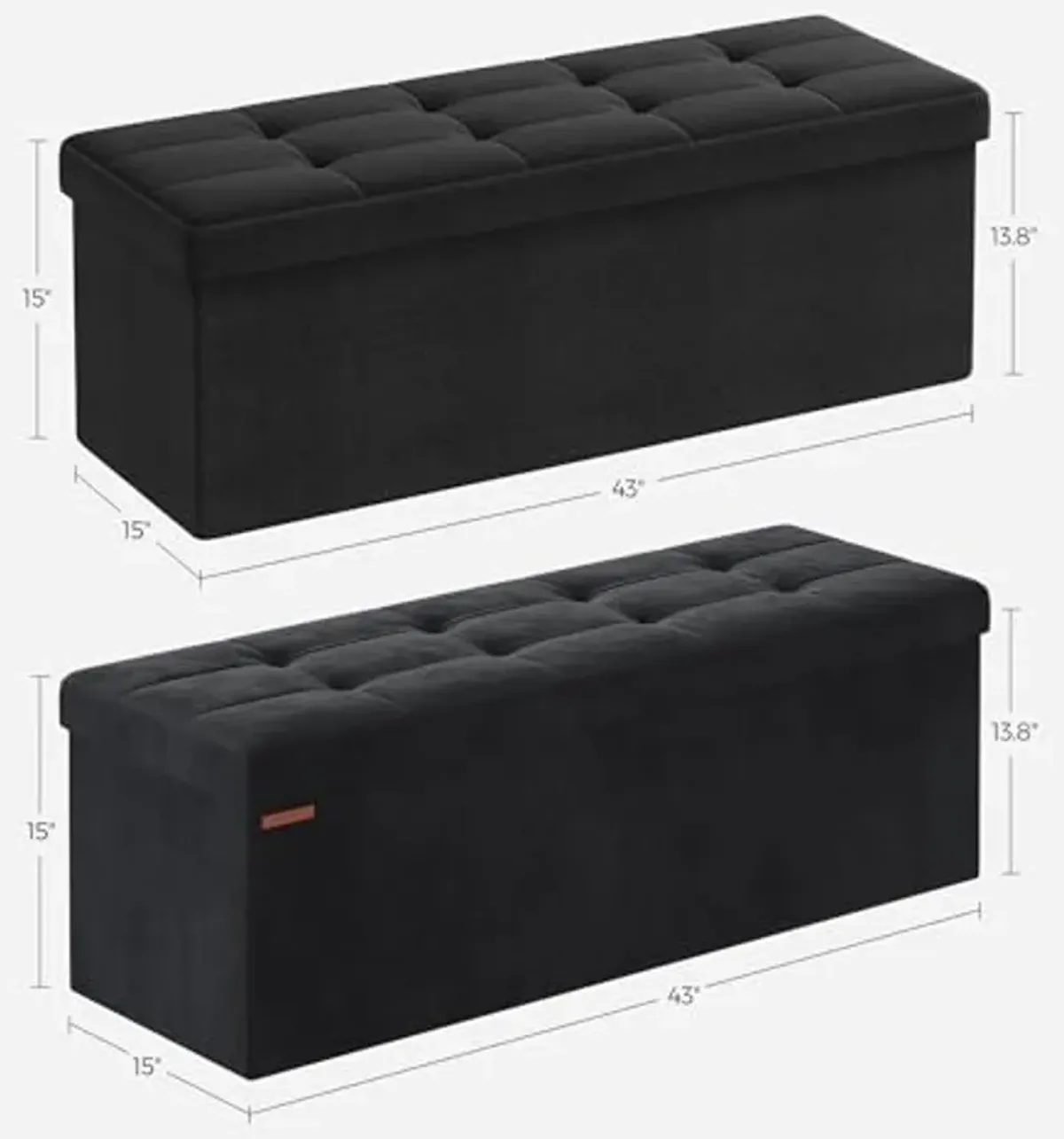 SONGMICS 2-Item Folding Storage Ottomans Bundle, Foldable Velvet Storage Bench, Storage Chest, Foot Rest Stool, Bedroom Bench with Storage, Ink Black ULSF077B01 and ULSF277B01