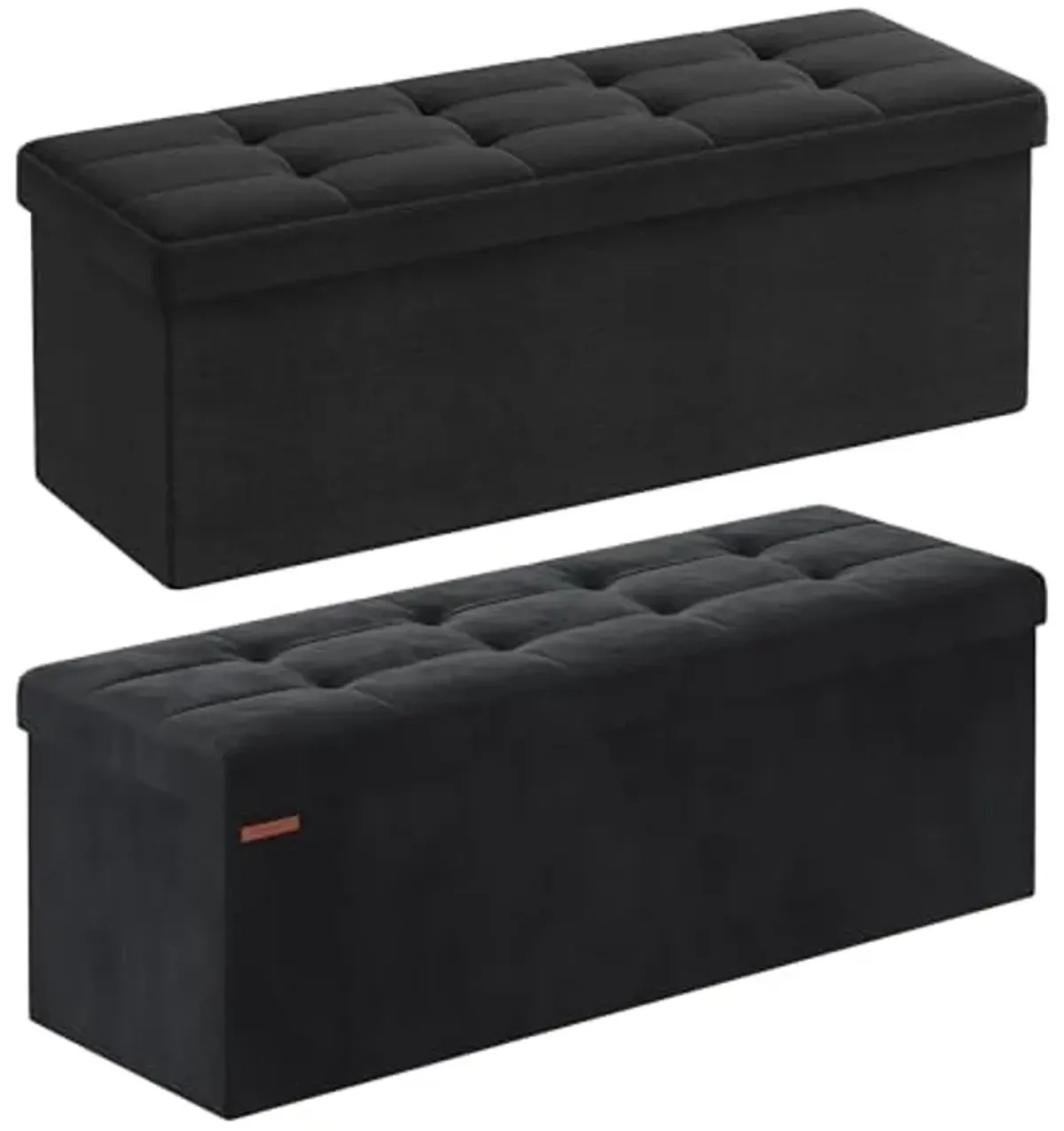 SONGMICS 2-Item Folding Storage Ottomans Bundle, Foldable Velvet Storage Bench, Storage Chest, Foot Rest Stool, Bedroom Bench with Storage, Ink Black ULSF077B01 and ULSF277B01