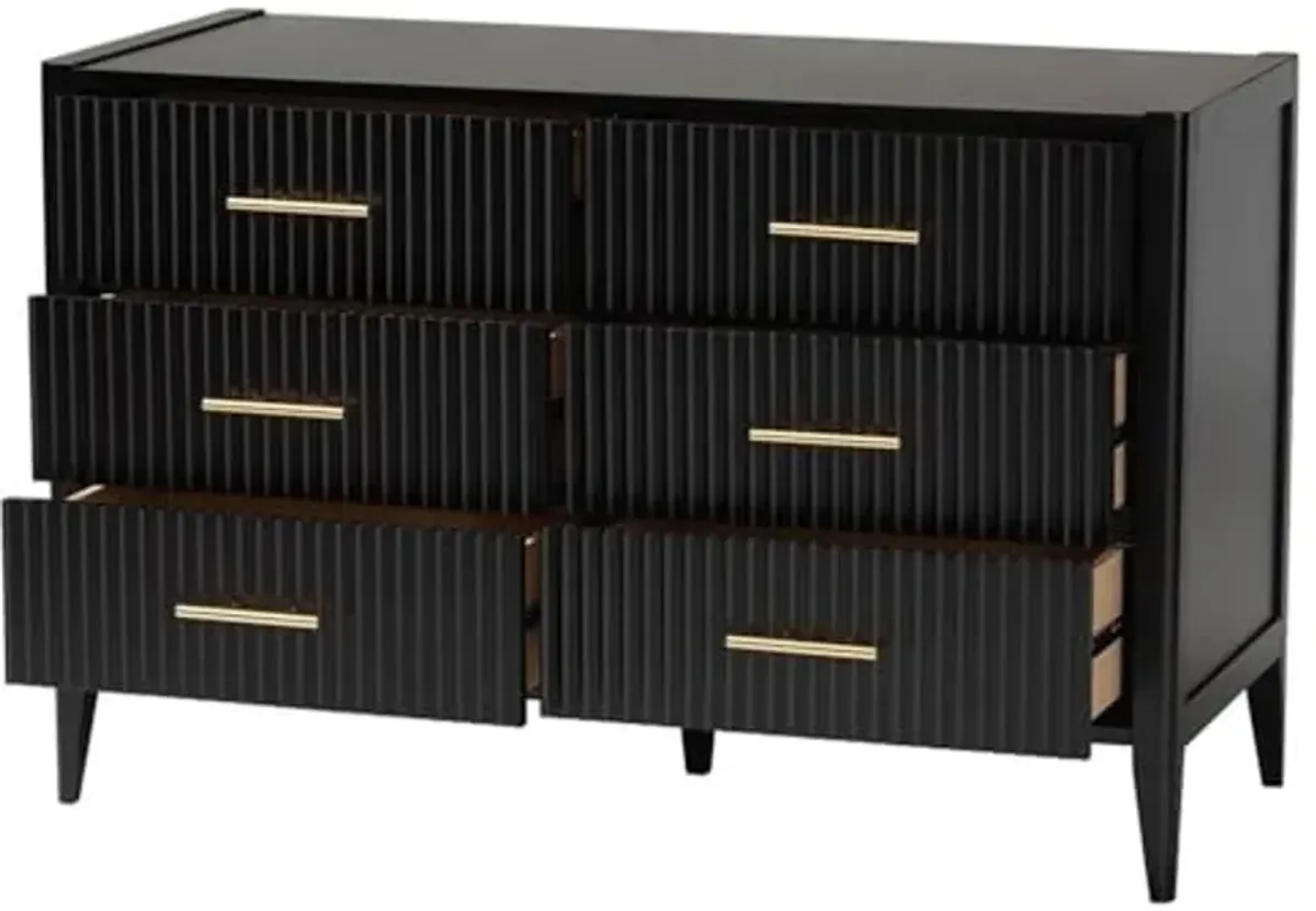 Baxton Studio Primrose Mid-Century Black Fluted Wood 6-Drawer Dresser