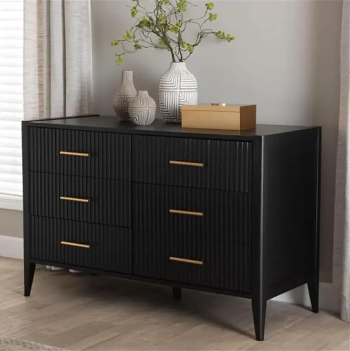 Baxton Studio Primrose Mid-Century Black Fluted Wood 6-Drawer Dresser