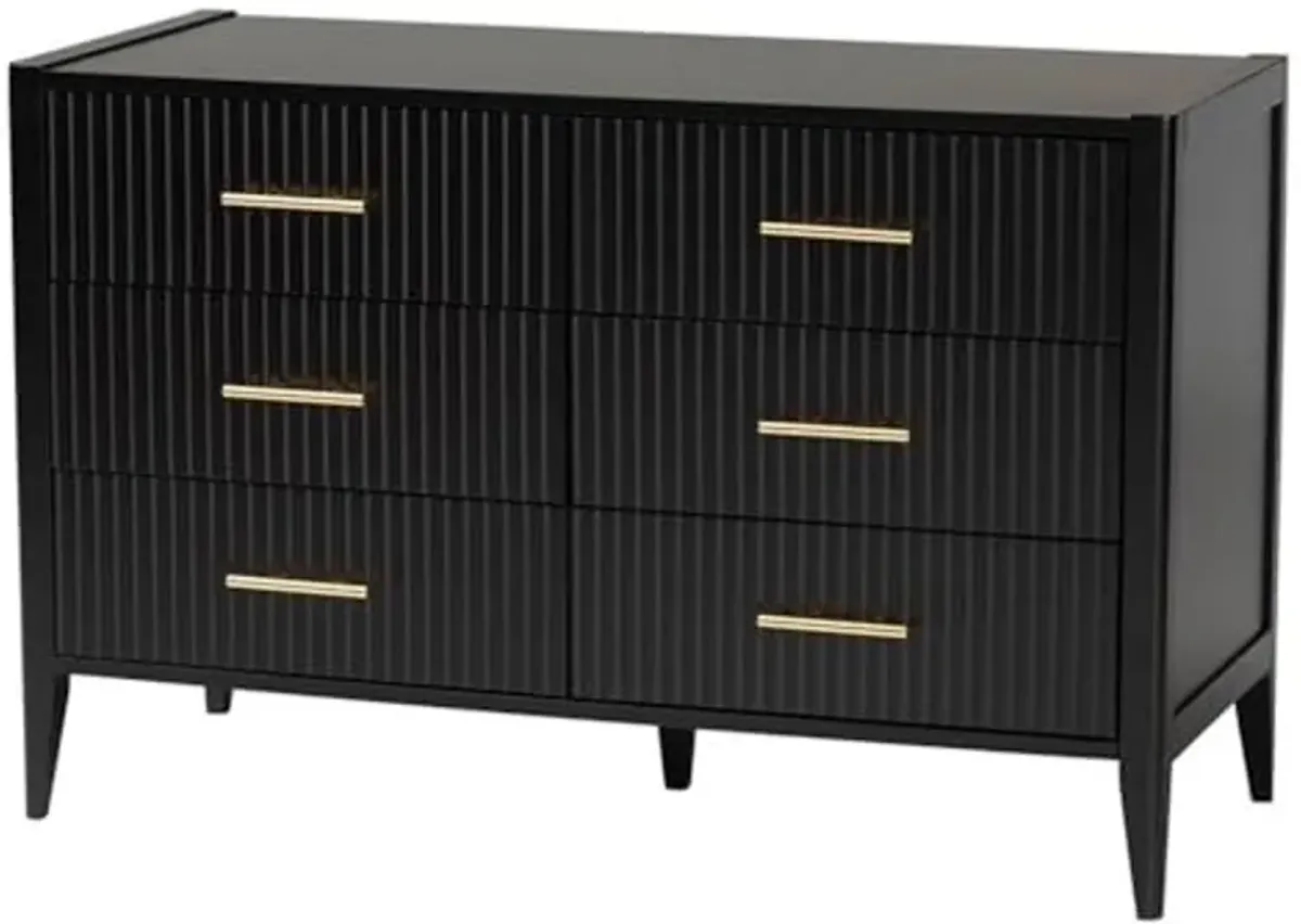 Baxton Studio Primrose Mid-Century Black Fluted Wood 6-Drawer Dresser