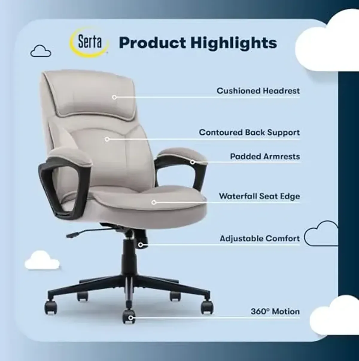 Serta Comfort Classic Executive Office Chair, Ergonomic Mid-Back Computer DeskChair with Lumbar Support, Semi-Plush Cushion and Body Pillows, Padded Armrests, Swivel Base, Taupe Velvet Fabric