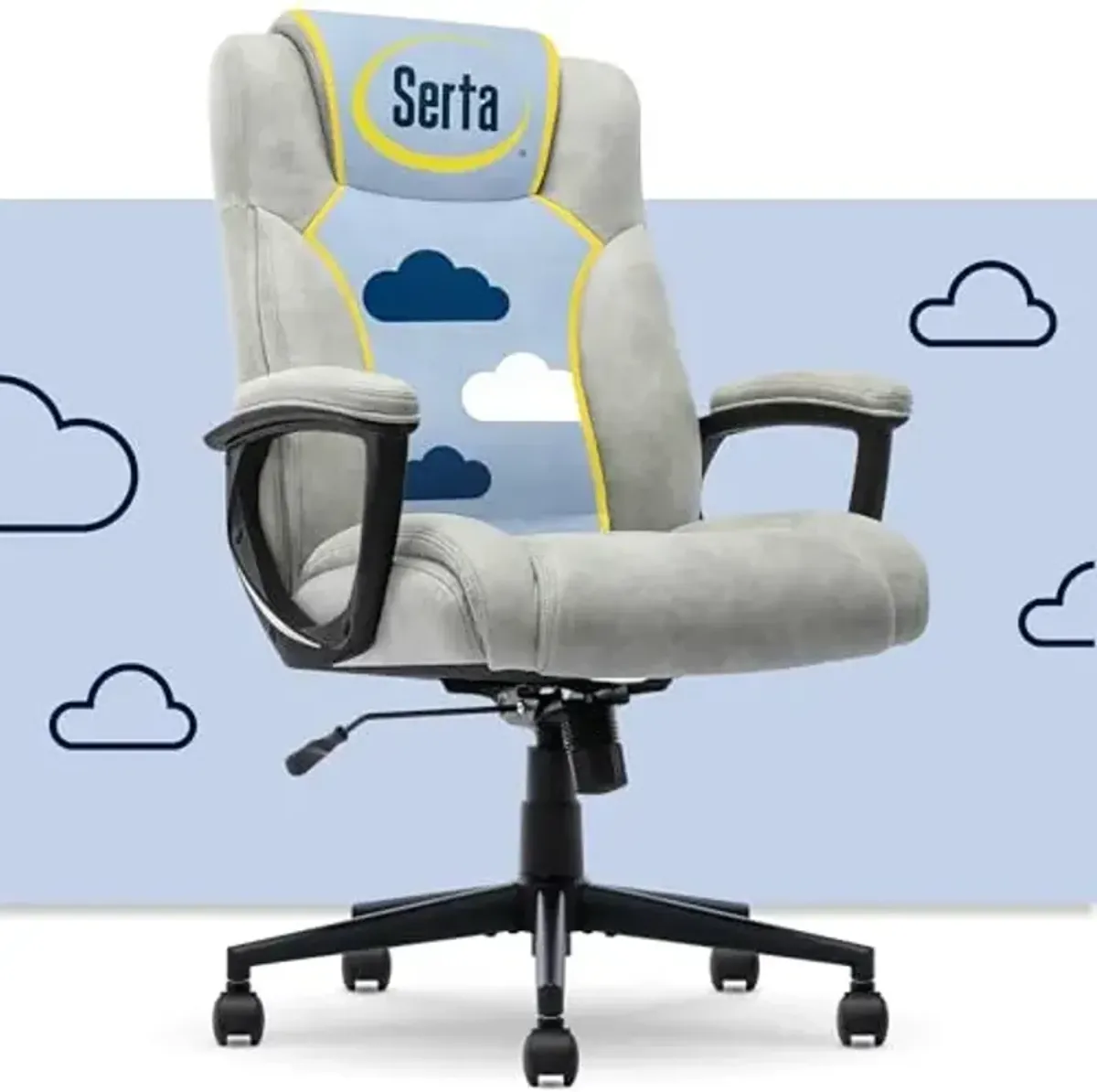 Serta Comfort Eco Office Chair, Ergonomic Mid-Back with Lumbar Support, Semi-Plush Seat Cushion and Layered Body Pillows, Padded Armrests, Metal Swivel Base, Soft Velvet Fabric, Light Gray
