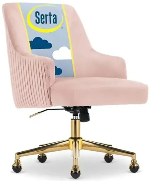 Serta Scarlett Modern Office Chair, Pleated and Curved Mid-Back Desk Chair, Pocket Coil Seat Cushion, Padded Armrests, Vanity Armchair with Wheels, Swivel Gold Base, Pink Velvet Fabric