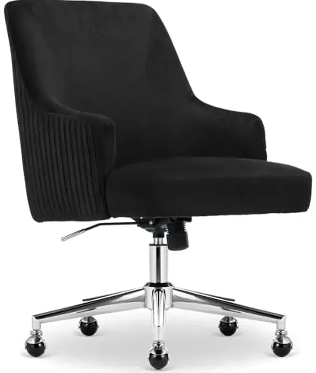 Serta Scarlett Modern Office Chair, Pleated and Curved Mid-Back Desk Chair, Pocket Coil Seat Cushion, Padded Armrests, Vanity Armchair with Wheels, Swivel Chrome Base, Black Velvet Fabric