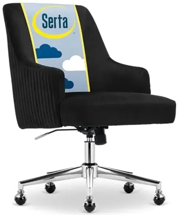 Serta Scarlett Modern Office Chair, Pleated and Curved Mid-Back Desk Chair, Pocket Coil Seat Cushion, Padded Armrests, Vanity Armchair with Wheels, Swivel Chrome Base, Black Velvet Fabric