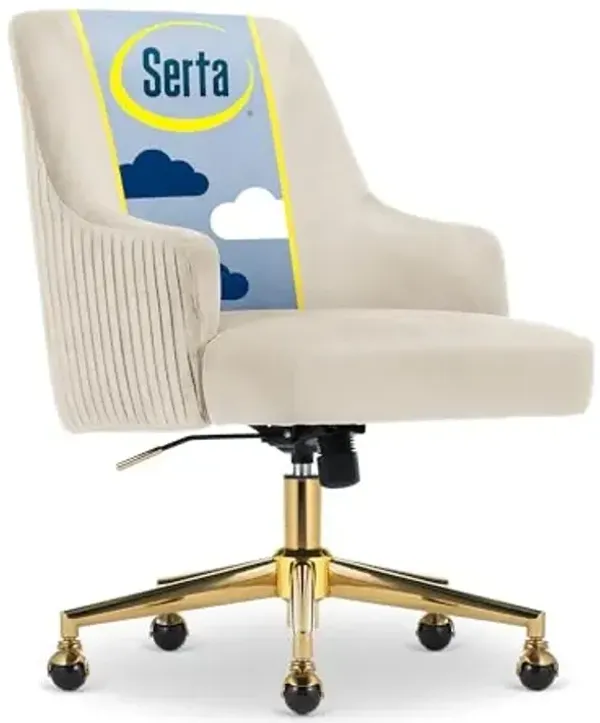 Serta Scarlett Modern Office Chair, Pleated and Curved Mid-Back Desk Chair, Pocket Coil Seat Cushion, Padded Armrests, Vanity Armchair with Wheels, Swivel Gold Base, Beige Velvet Fabric