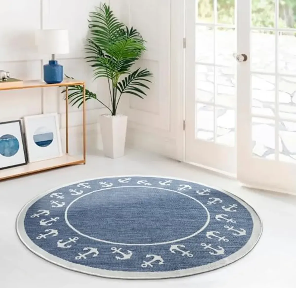 LR Home 5ft Round Outdoor Area Rug for Home Decor | Modern Nautical Patio Floor Carpet for Courtyard | Blue/Gray