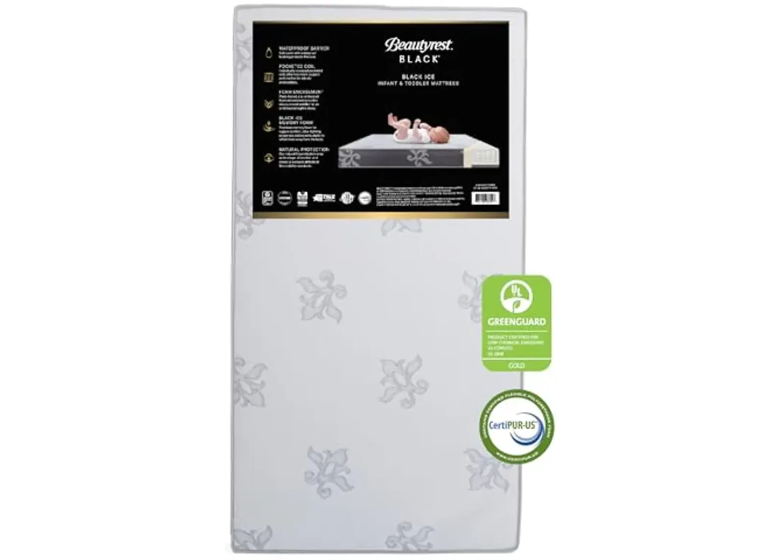 Beautyrest Black BlackICE 2-Stage Premium Crib and Toddler Mattress - CertiPUR-US Certified/Greenguard Gold Certified - Waterproof - Cooling Memory Foam, White/Grey