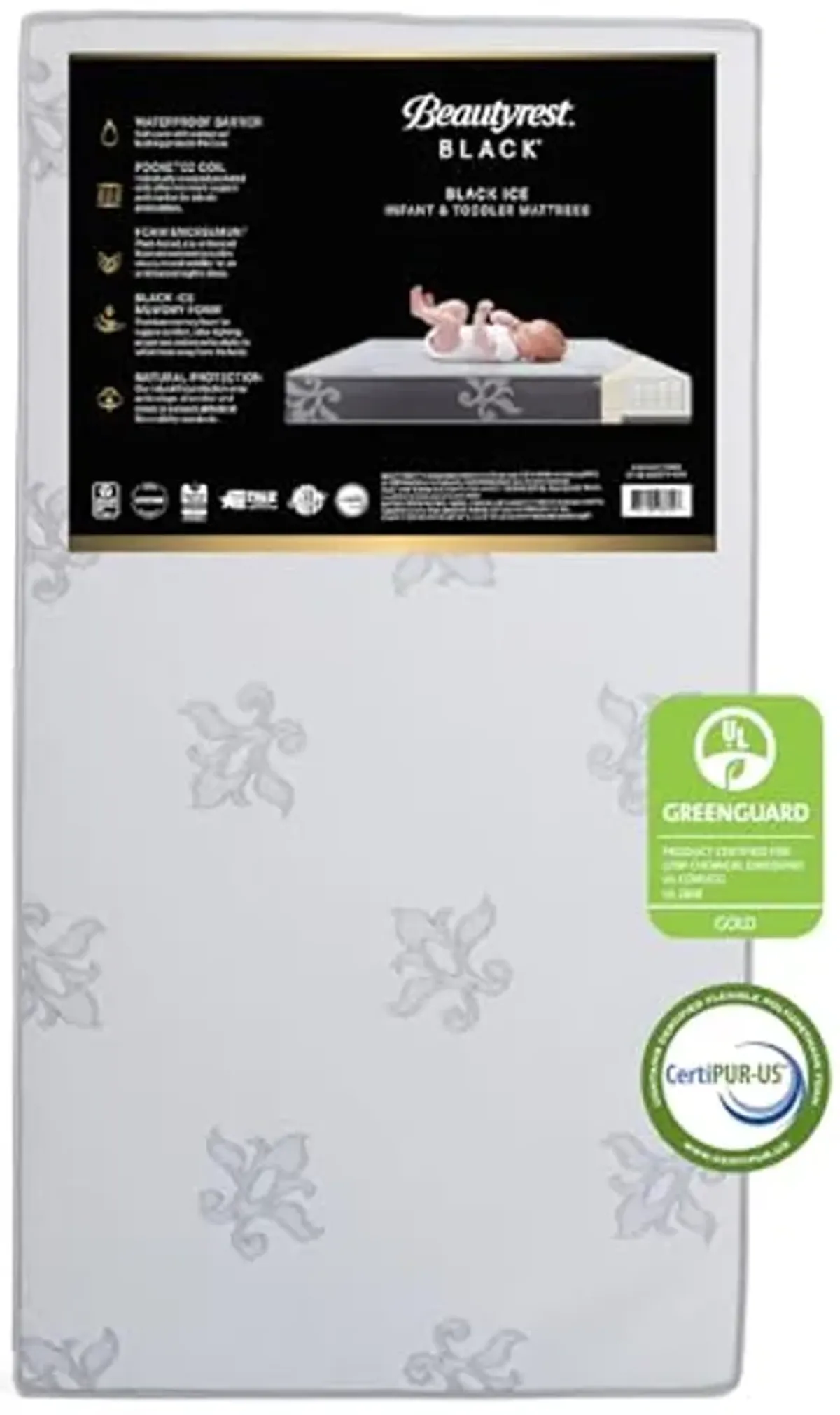 Beautyrest Black BlackICE 2-Stage Premium Crib and Toddler Mattress - CertiPUR-US Certified/Greenguard Gold Certified - Waterproof - Cooling Memory Foam, White/Grey