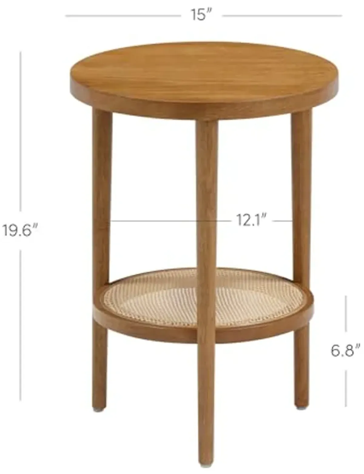 Sonia Boho Round Wood Side Table with Storage, Natural Sofa Side Table in Honey Brown with Rattan Storage Shelf for Living Room, Bedroom or Nursery