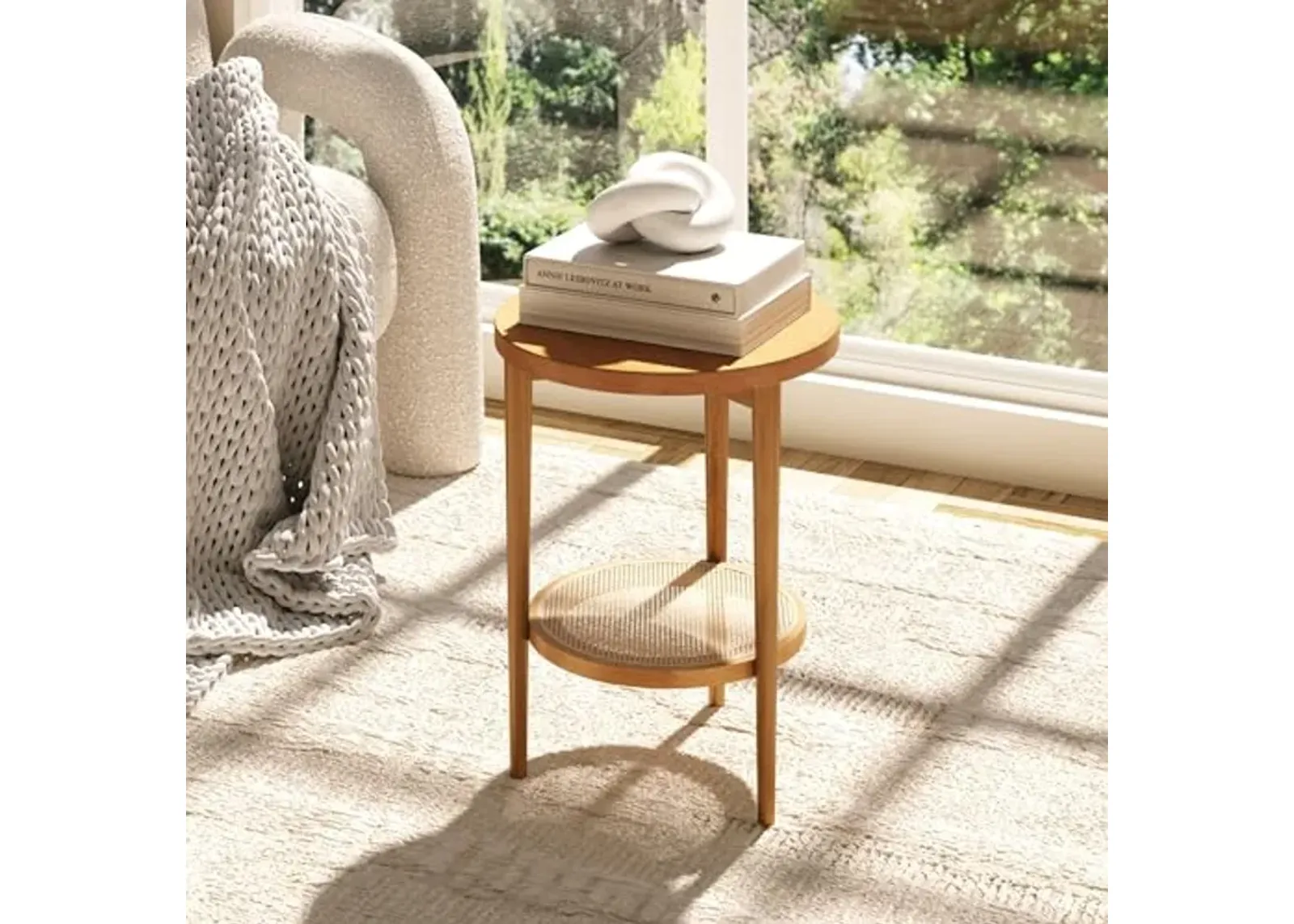 Sonia Boho Round Wood Side Table with Storage, Natural Sofa Side Table in Honey Brown with Rattan Storage Shelf for Living Room, Bedroom or Nursery