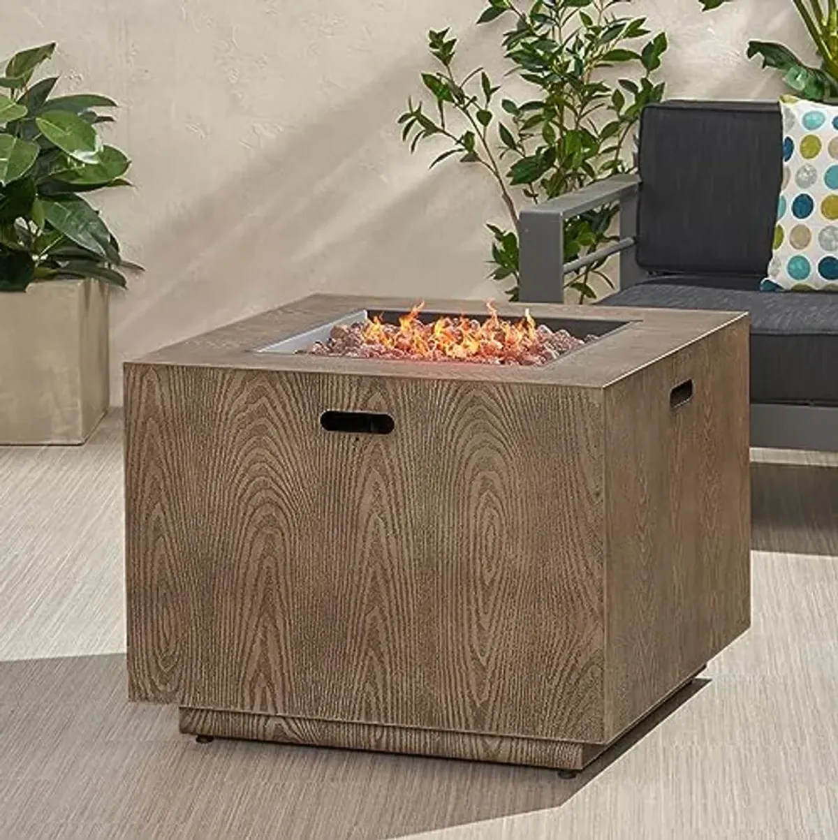 Christopher Knight Home 31" Outdoor Patio Gas Burning Fire Pit - 50, 000 BTU Tank Inside, Square, Iron Wood Pattern,Wood